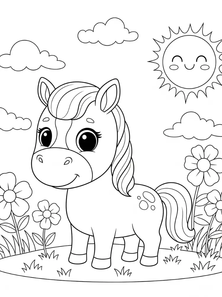 Paard kleurplaat 9 lief ponytje in een bloemenveld kleurplaat