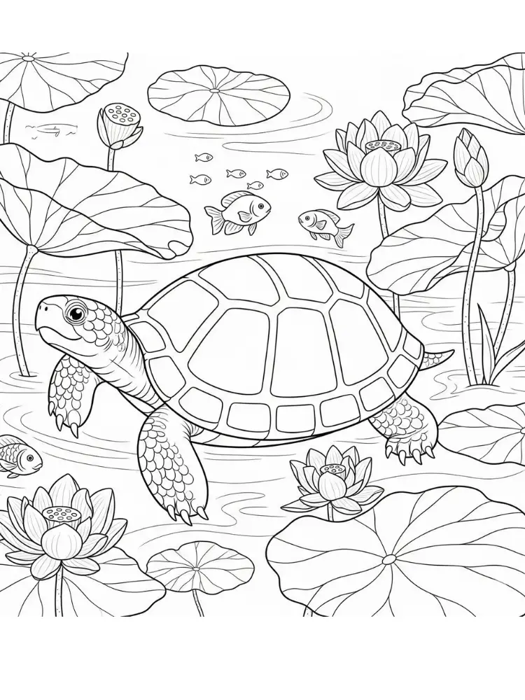 Kleurplaat schildpad 10 schildpad in waterlelievijver kleurplaat