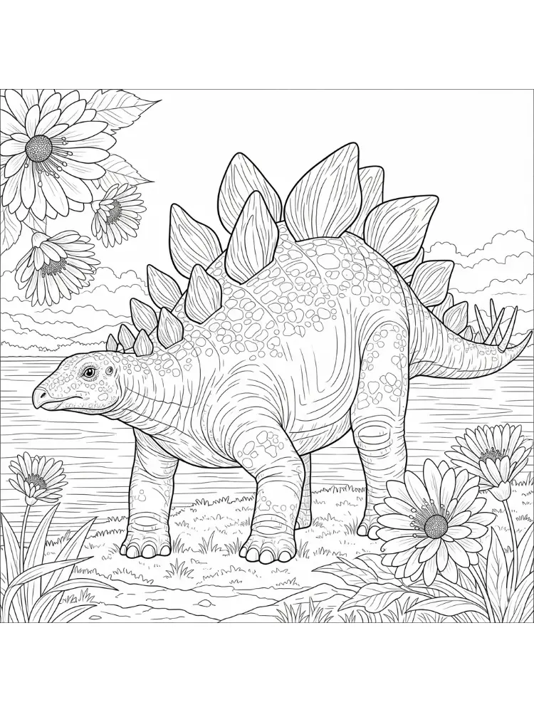 Dinosaurus kleurplaat 8 stegosaurus tussen de bloemen kleurplaat
