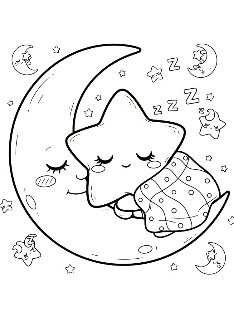 Kleurplaat Kawaii 9 ster slaapt op de maan kleurplaat