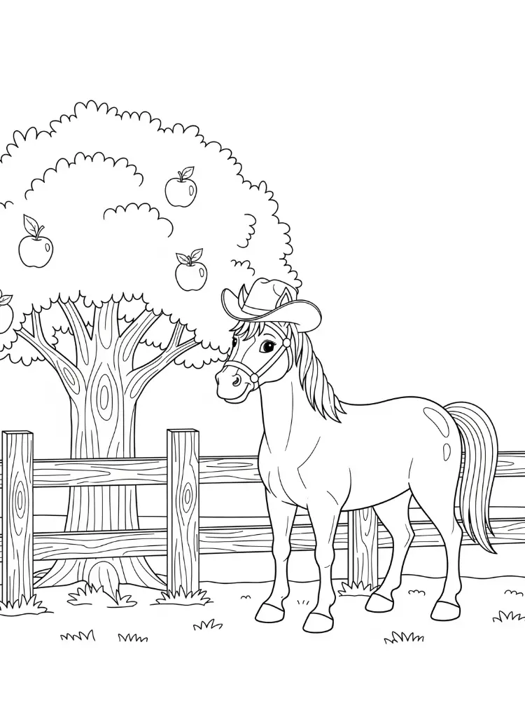 Paard kleurplaat 10 stoer paard bij de appelboom kleurplaat