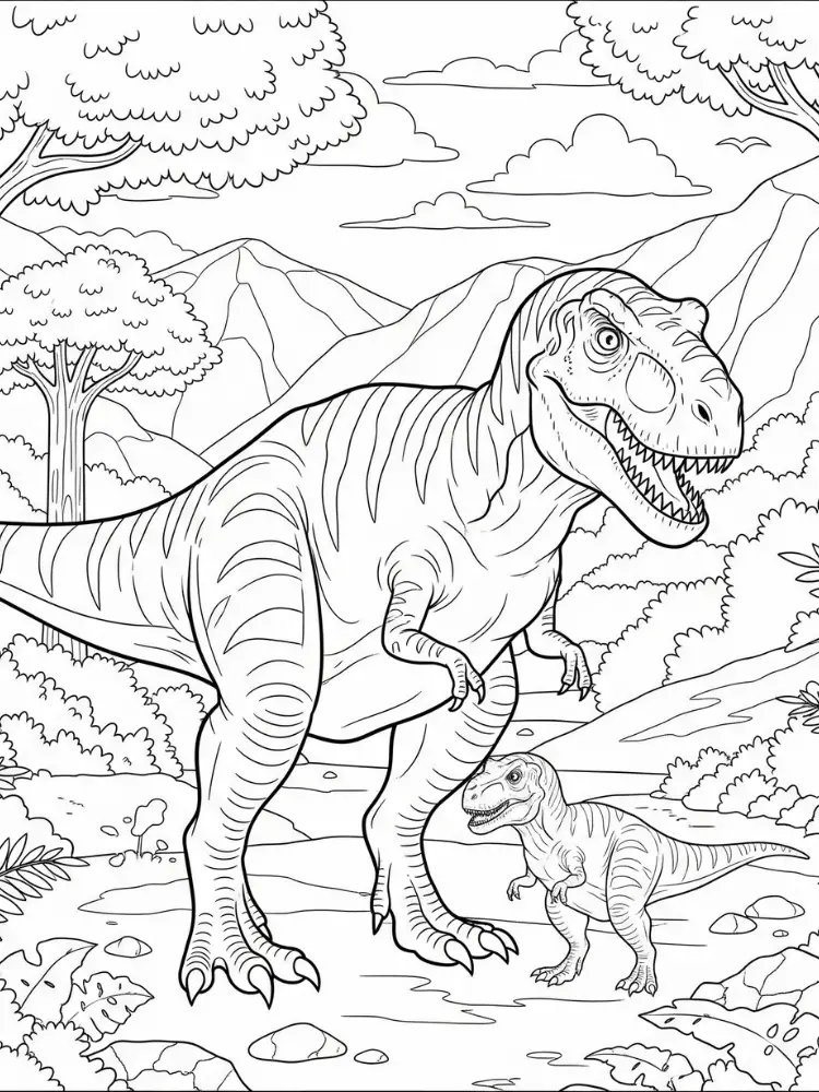 Dinosaurus kleurplaat 10 tyrannosaurus met jong in het bos kleurplaat