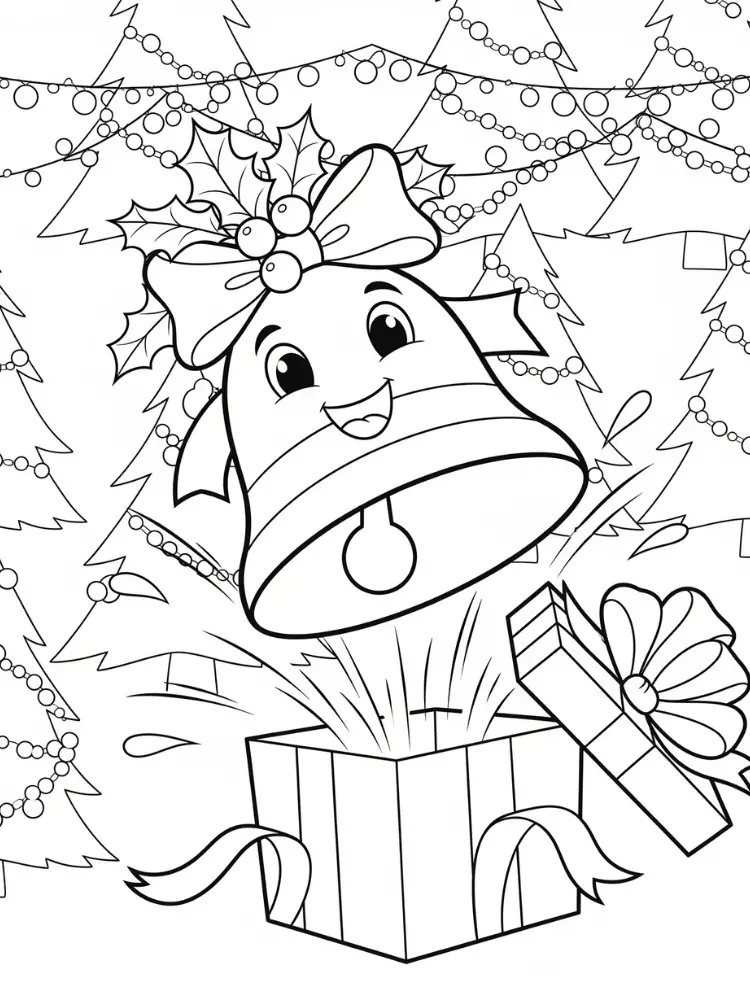 Kleurplaat Kerstklokken 9 verrassingsbel uit een cadeau Kleurplaat