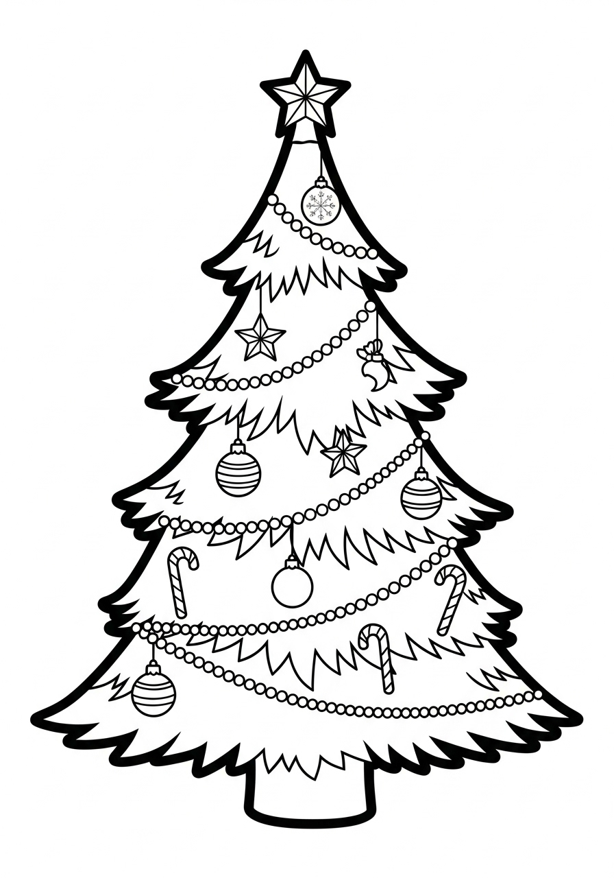 Kleurplaat Kerstboom 9 versierde kerstboom met zuurstokken kleurplaat