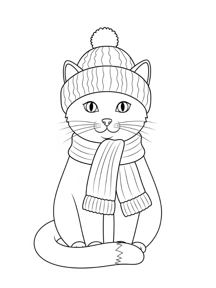 Kat kleurplaat 9 winterkat met muts en sjaal kleurplaat