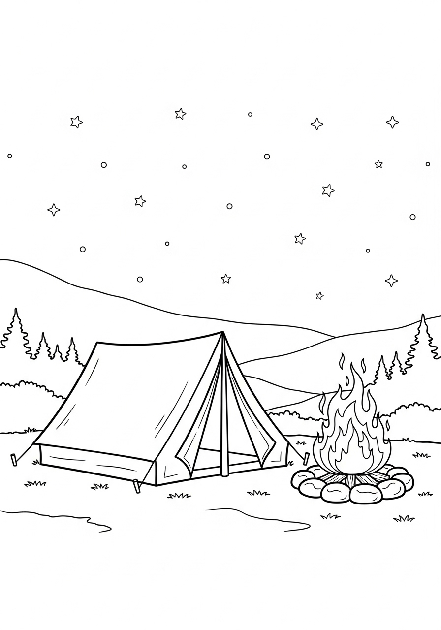 kleurplaat kamperen 22 Nacht onder de Sterren Kleurplaat