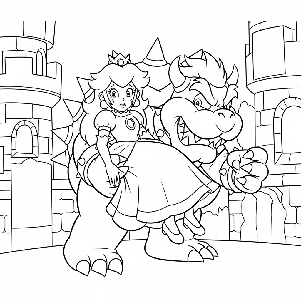 Peach en Bowser Kleurplaat