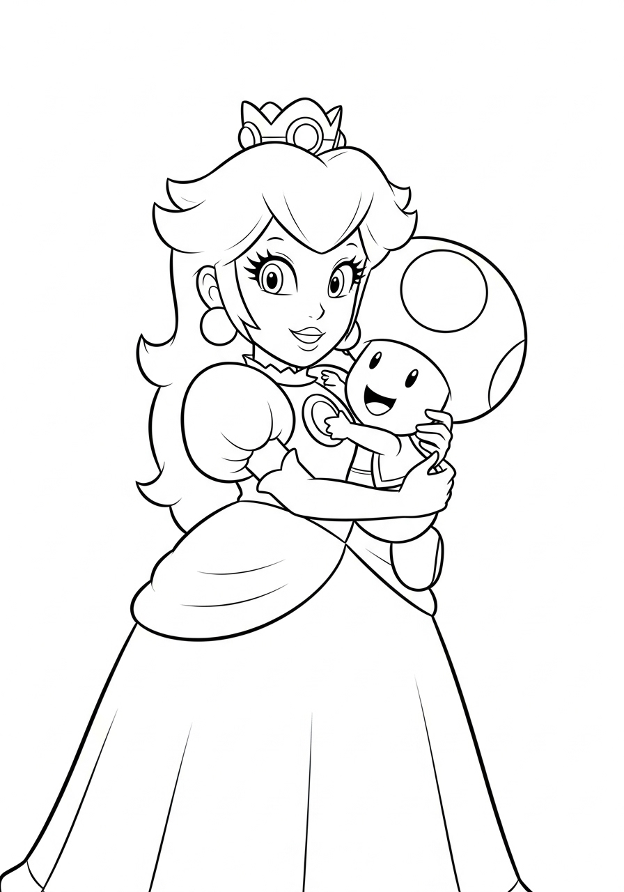 Peach en Toad knuffelen Kleurplaat