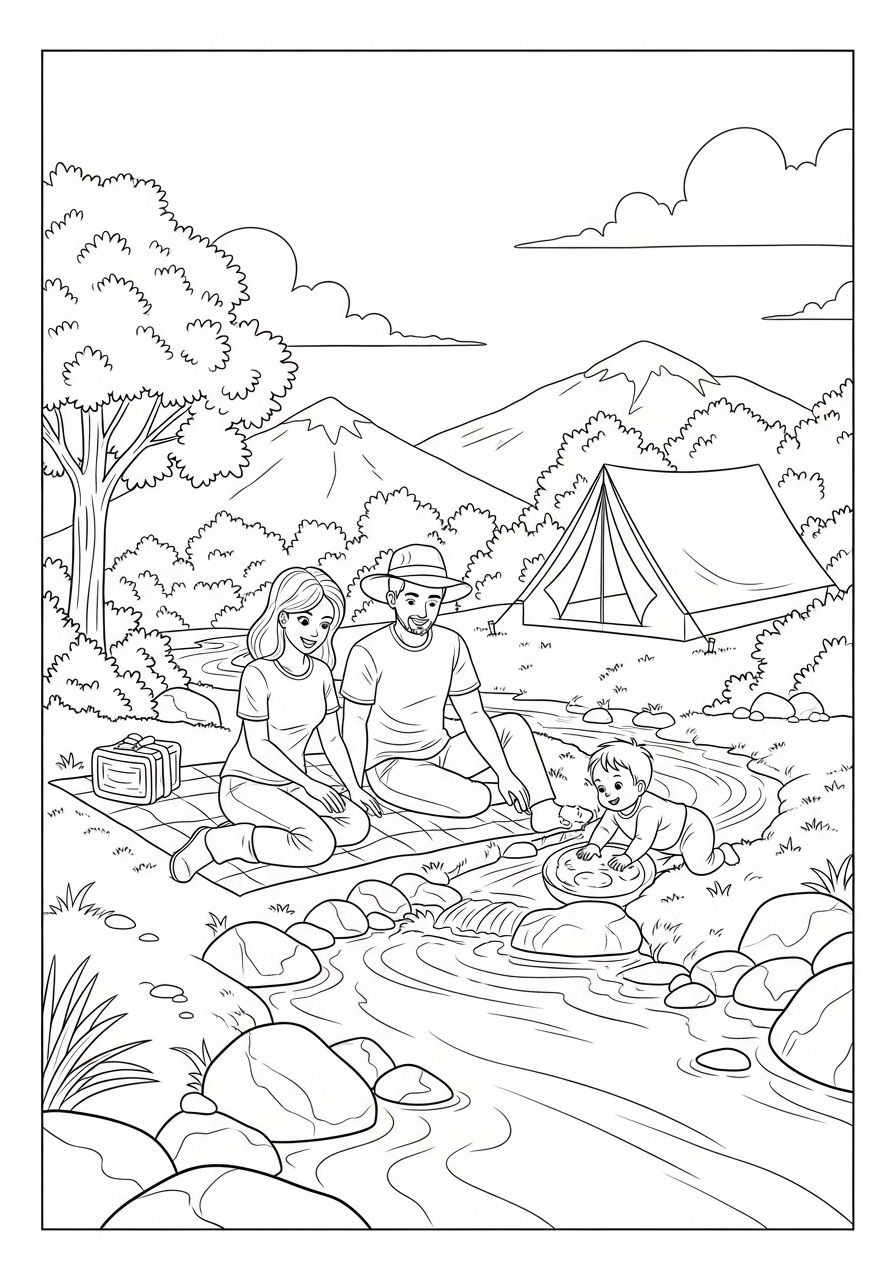 kleurplaat kamperen 23 Plezier bij de Rivier Kleurplaat