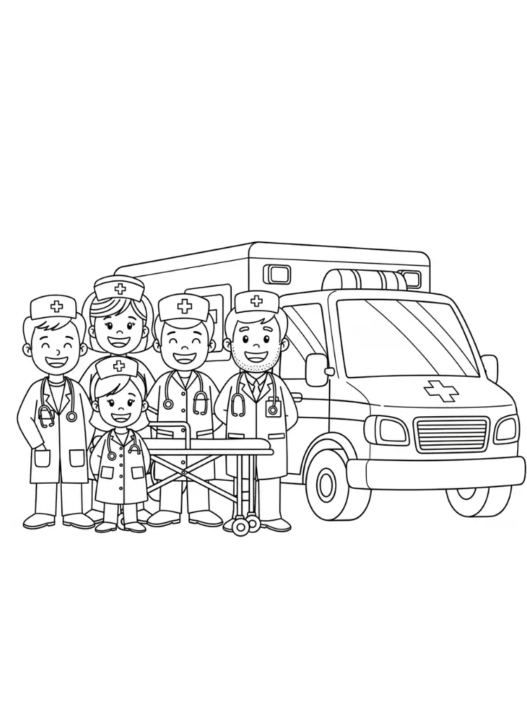 Kleurplaat Ambulance 11 ambulance team en wagen kleurplaat