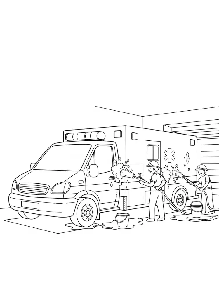 Kleurplaat Ambulance 18 ambulance wordt gewassen kleurplaat