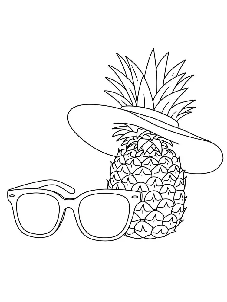 Zonnebril kleurplaat 20 ananas met zonnebril en hoed kleurplaat