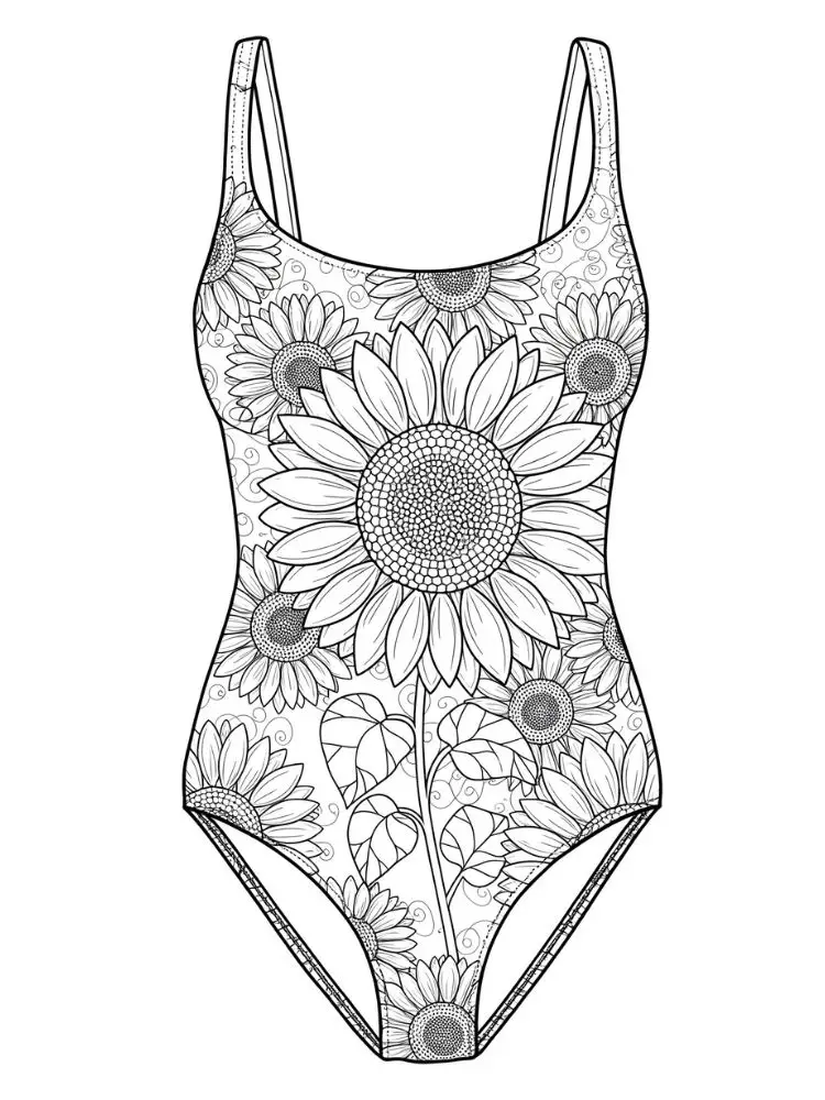 Badpak kleurplaat 21 badpak met zonnebloemen en bloemenpatroon kleurplaat