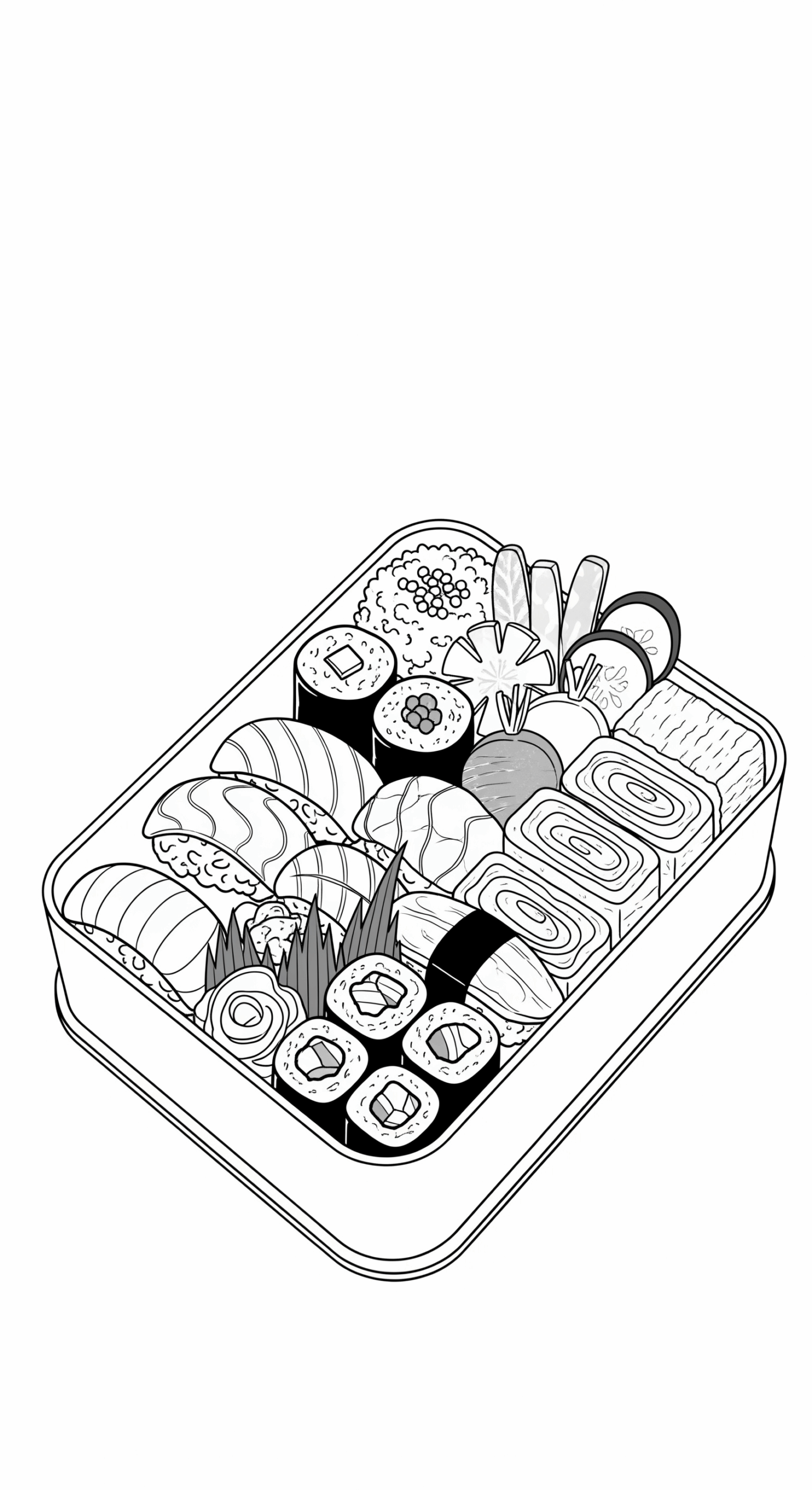 Sushi Kleurplaat 8 bento box met sushi en groenten kleurplaat