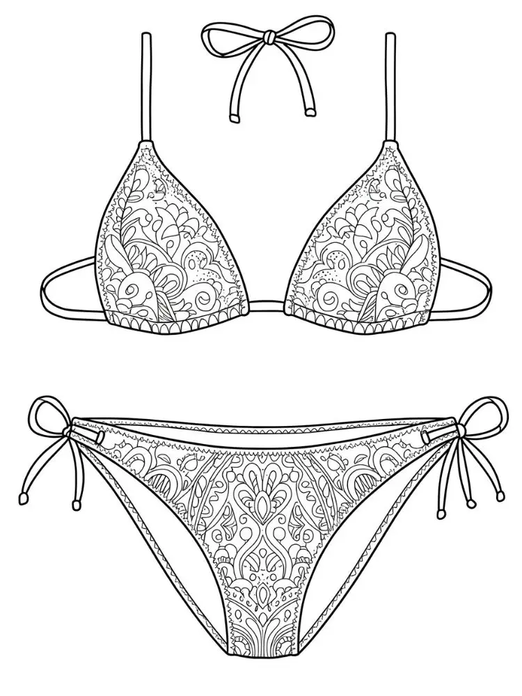 Badpak kleurplaat 20 bikini met gedetailleerde patronen en strikjes kleurplaat
