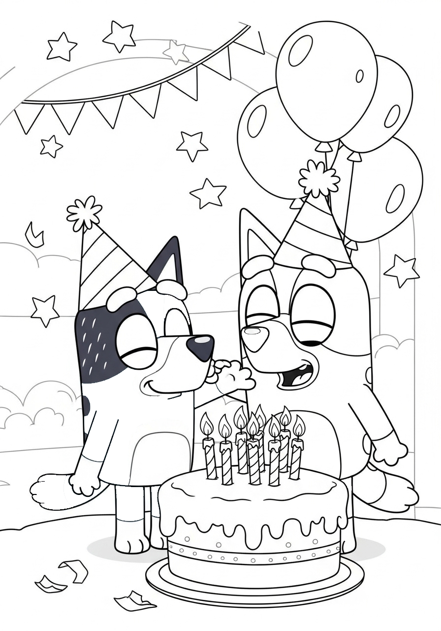 Bluey kleurplaat 10 bluey viert een vrolijk verjaardagsfeest kleurplaat