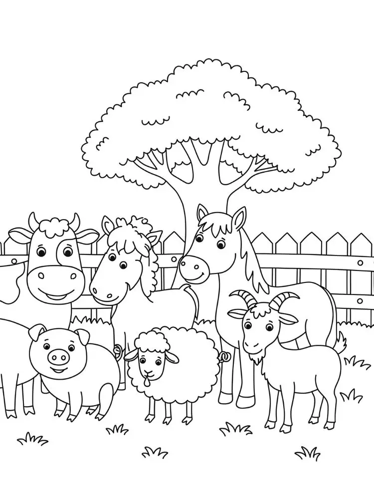 Kleurplaat Boerderij 23 boerderijdieren bij de boom kleurplaat