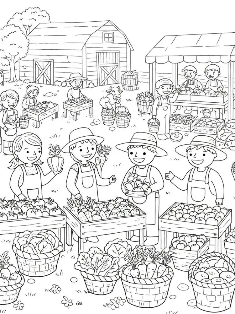 Kleurplaat Boerderij 22 boerderijmarkt met kinderen en groenten kleurplaat