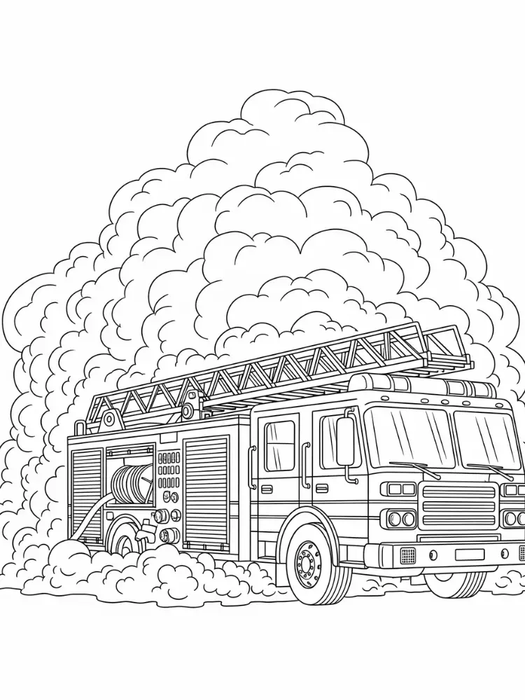 Brandweer Kleurplaat 10 brandweerauto rijdt door rookwolken kleurplaat