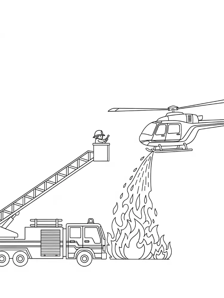Brandweer Kleurplaat 23 brandweerwagen en helikopter blussen brand kleurplaat