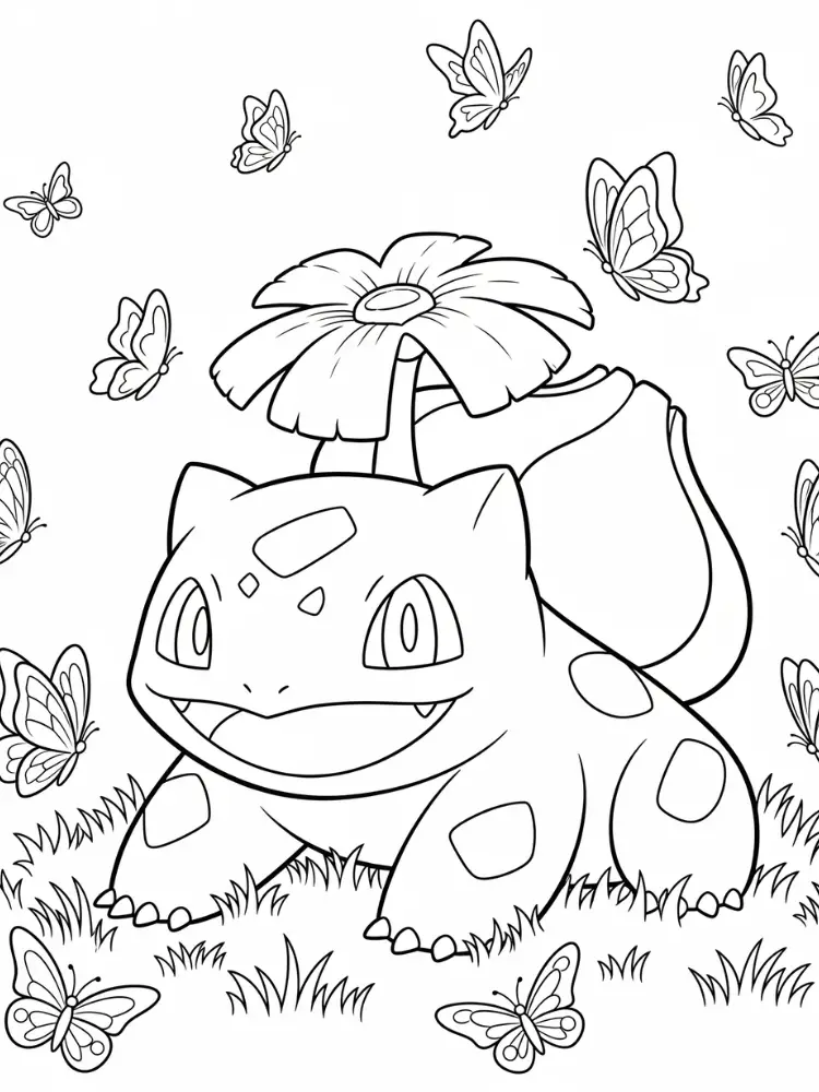 Kleurplaat Pokemon 8 bulbasaur en de vlinders kleurplaat