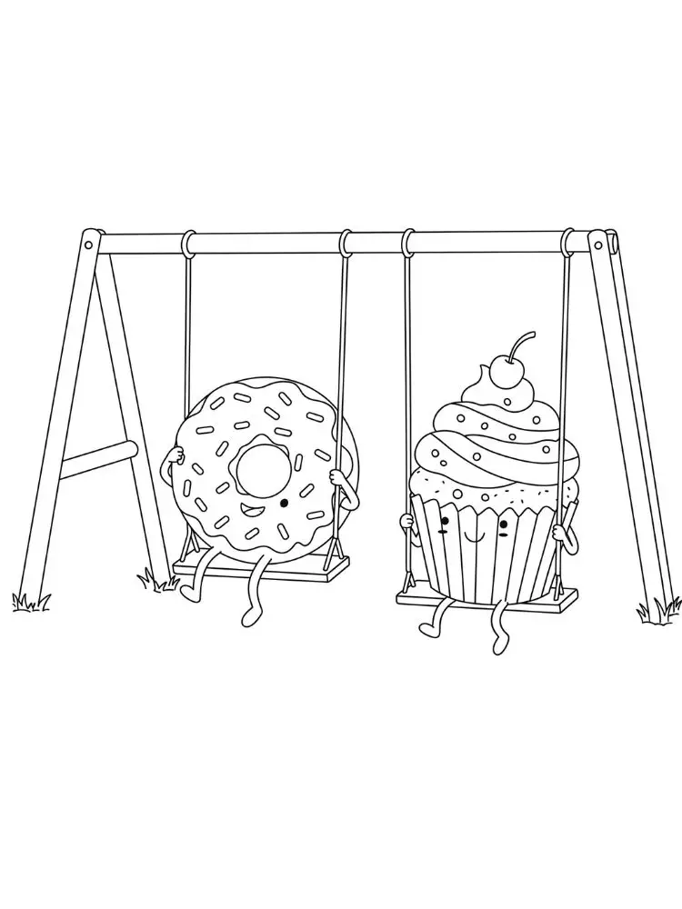 kleurplaat Donut 18 donut en cupcake op schommel kleurplaat