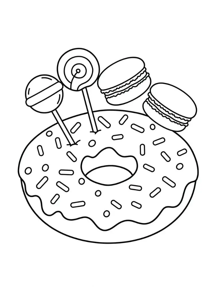 kleurplaat Donut 16 donut met lollies en macarons kleurplaat