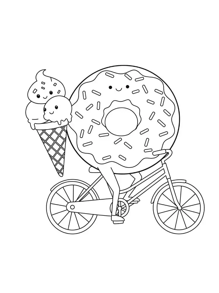 kleurplaat Donut 12 donut op fiets met ijsjes kleurplaat