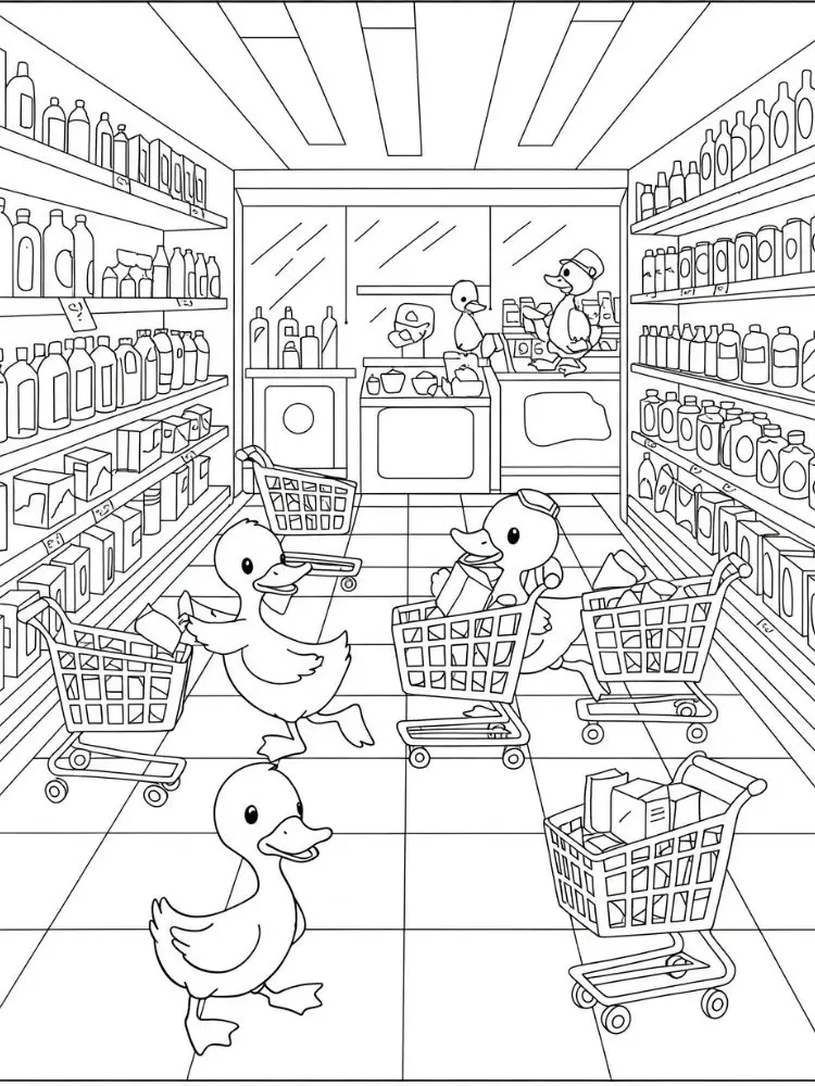 Kleurplaat Eend 19 eendjes doen boodschappen kleurplaat