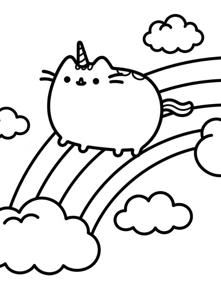 Kleurplaat Pusheen 9 eenhoorn pusheen op de regenboog kleurplaat