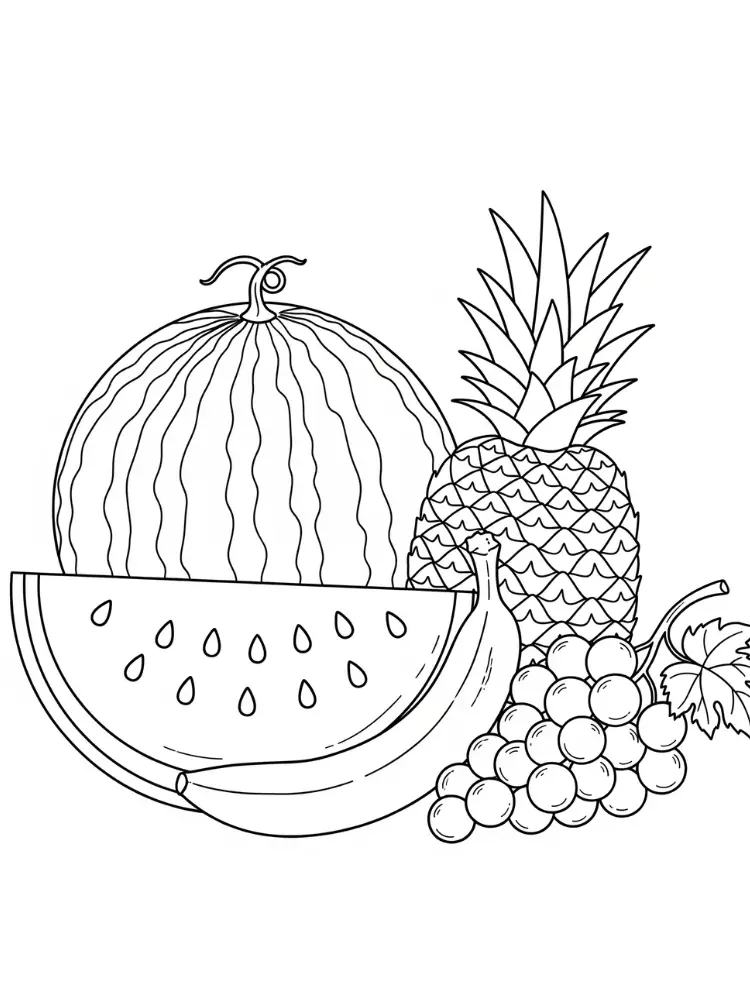 Watermeloen Kleurplaat 9 fruitmand met watermeloen en ananas kleurplaat