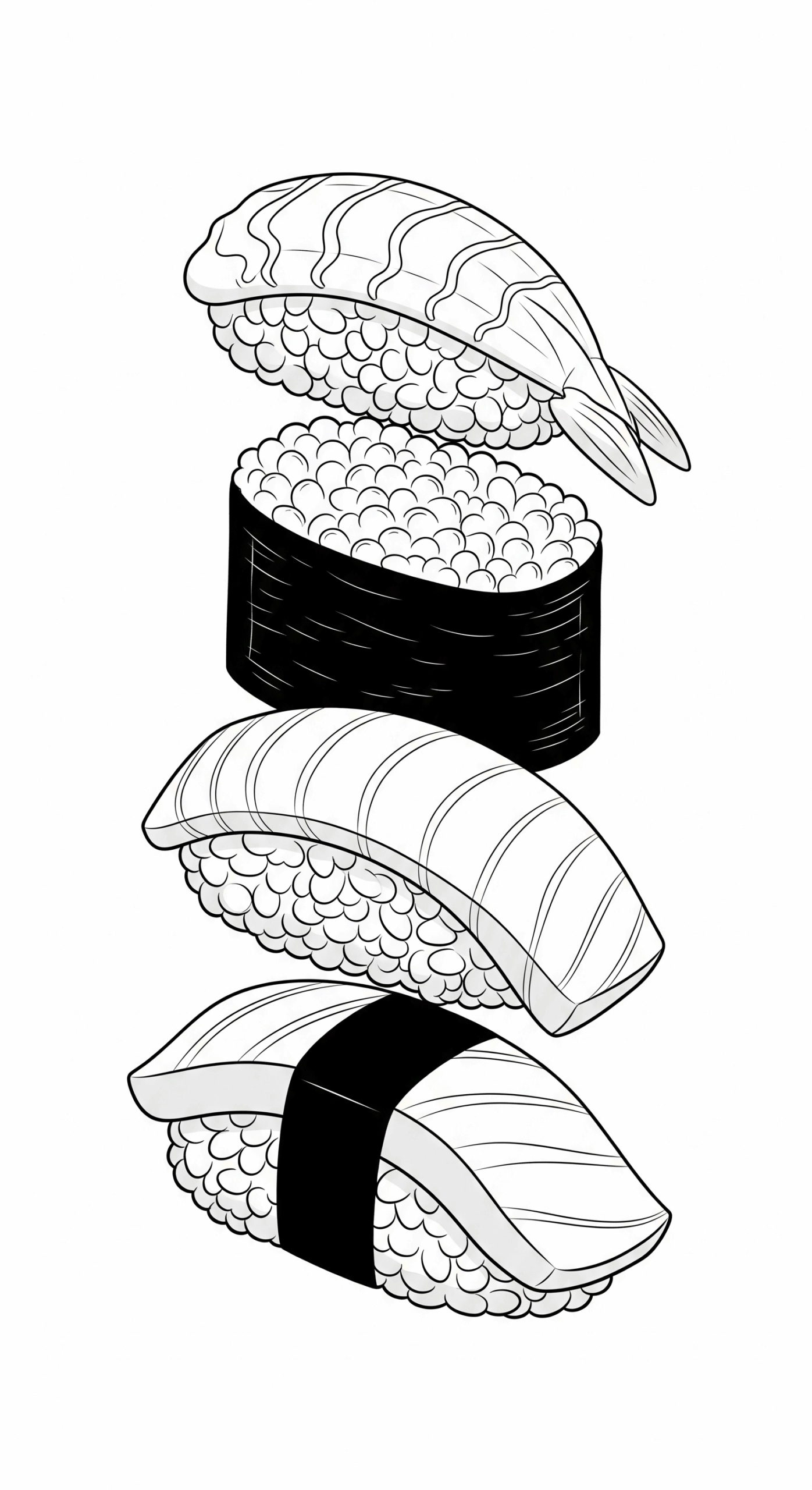 Sushi Kleurplaat 10 gestapelde nigiri sushi stukken kleurplaat