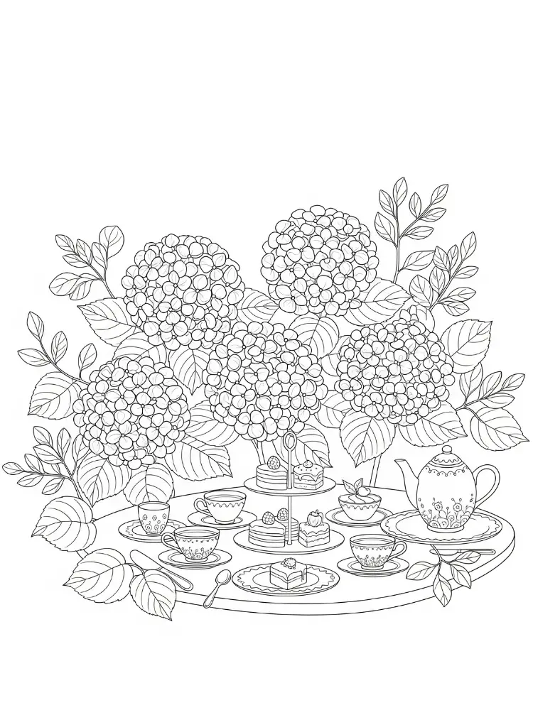 Hortensia Kleurplaat 21 grote tak met hortensia bloemen kleurplaat