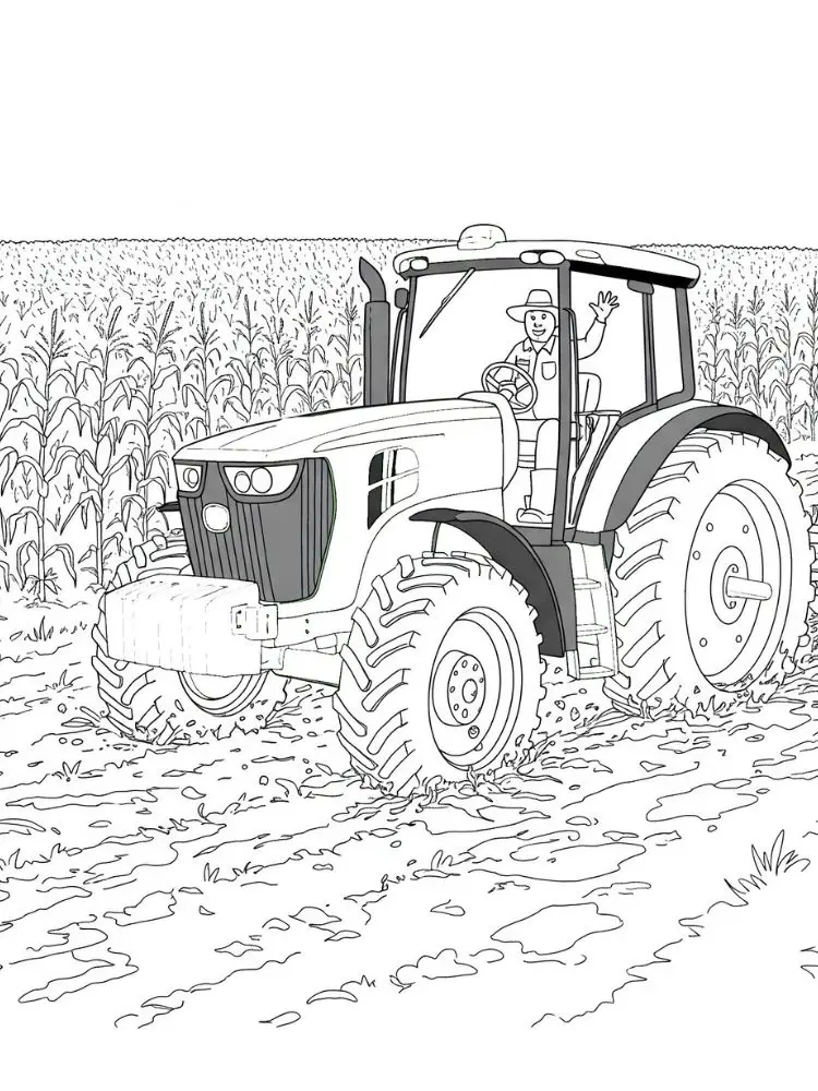 Kleurplaat Boerderij 18 grote tractor op het veld met boer kleurplaat