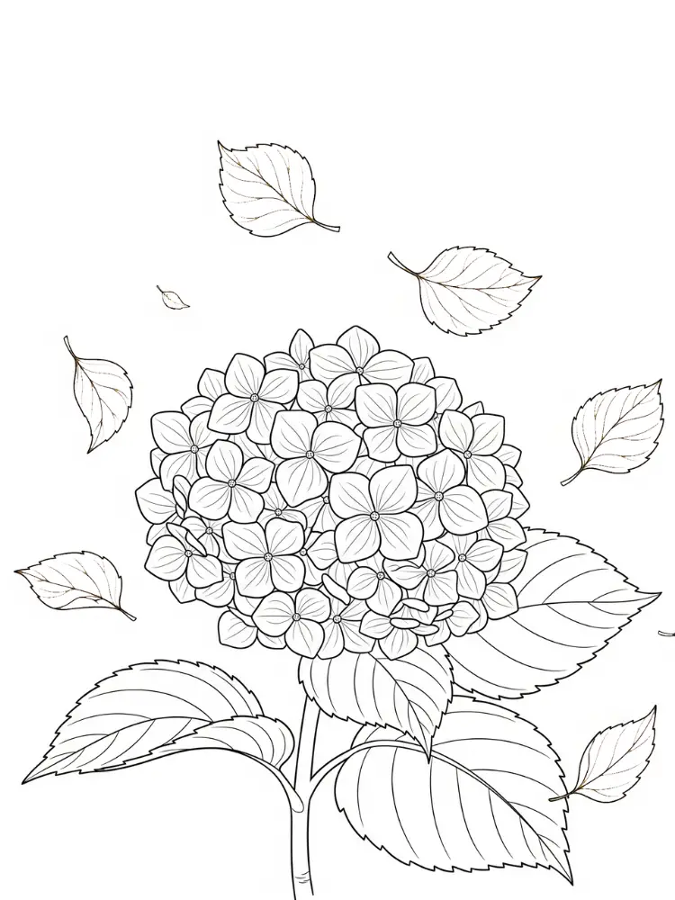 Hortensia Kleurplaat 20 hortensia bladeren in de lucht kleurplaat
