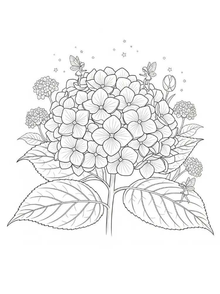 Hortensia Kleurplaat 16 hortensia bloem met feeën kleurplaat