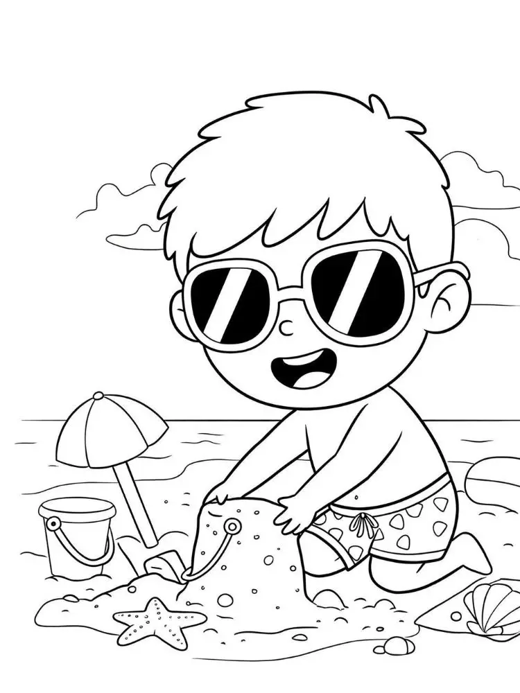 Zonnebril kleurplaat 17 jongen op strand met zonnebril kleurplaat