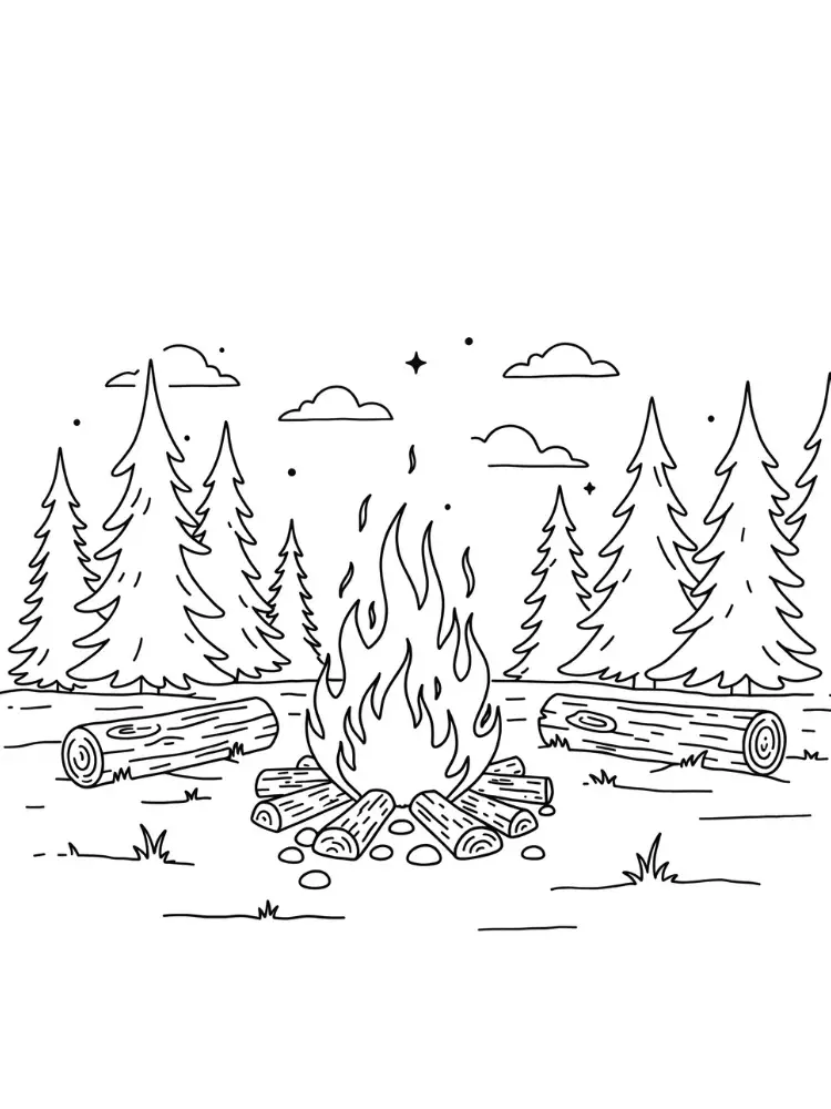 kleurplaat kamperen 14 kampvuur in het bos met houtblokken kleurplaat