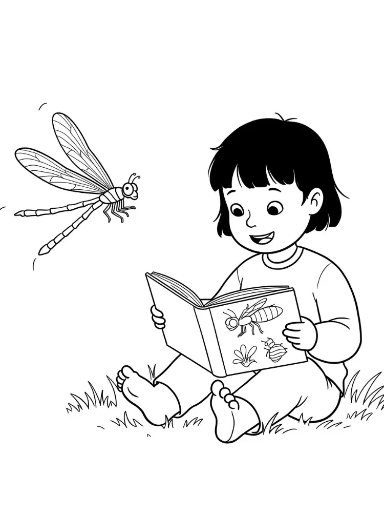 Libel kleurplaat 22 kind leest boek over libel en insecten kleurplaat