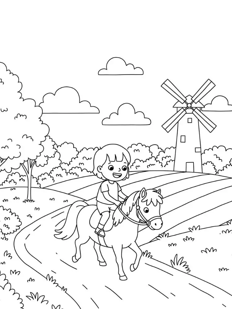 Kleurplaat Boerderij 16 kind op pony met windmolen kleurplaat