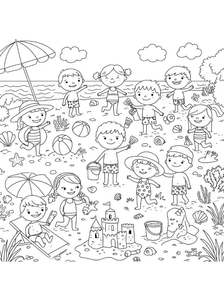Badpak kleurplaat 14 kinderen op het strand met speelgoed kleurplaat