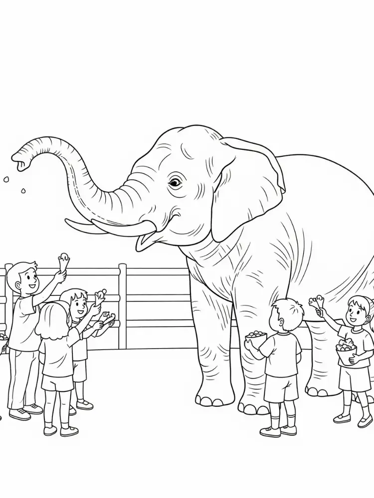 Olifant Kleurplaat 8 kinderen voeren olifant in dierentuin kleurplaat