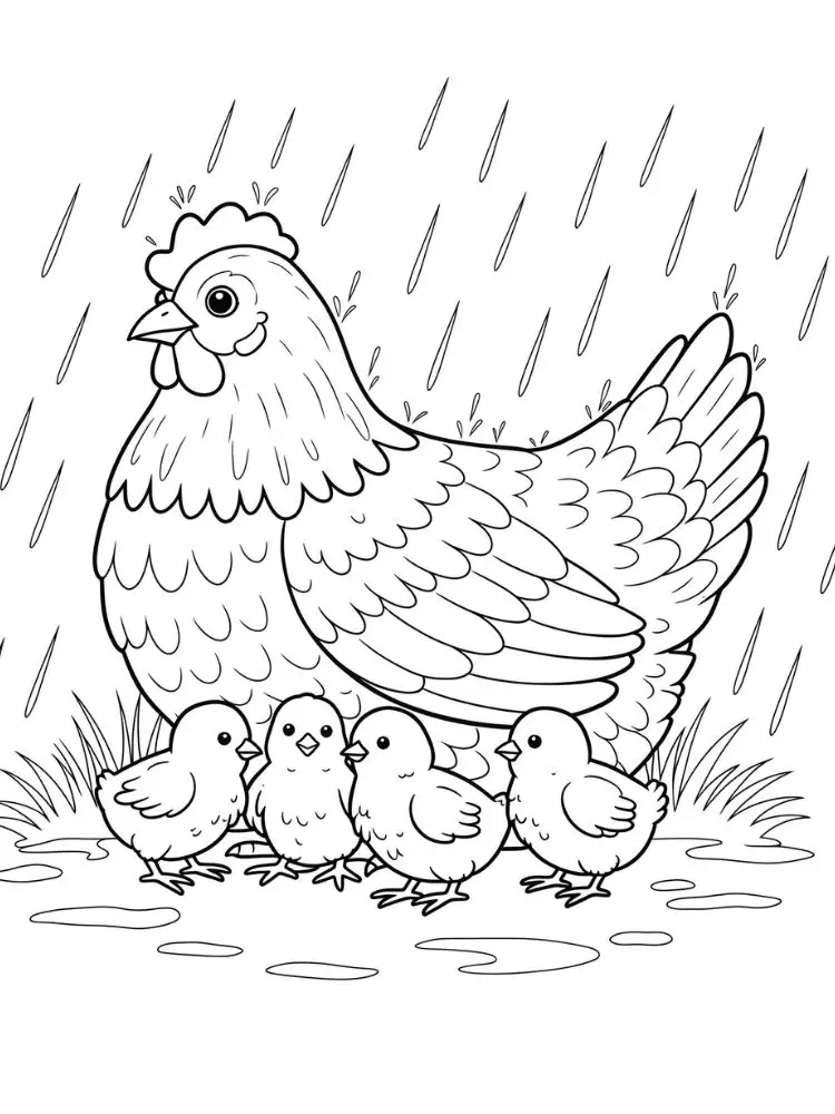 Kleurplaat Kippen 11 kip en kuikens schuilen voor regen kleurplaat
