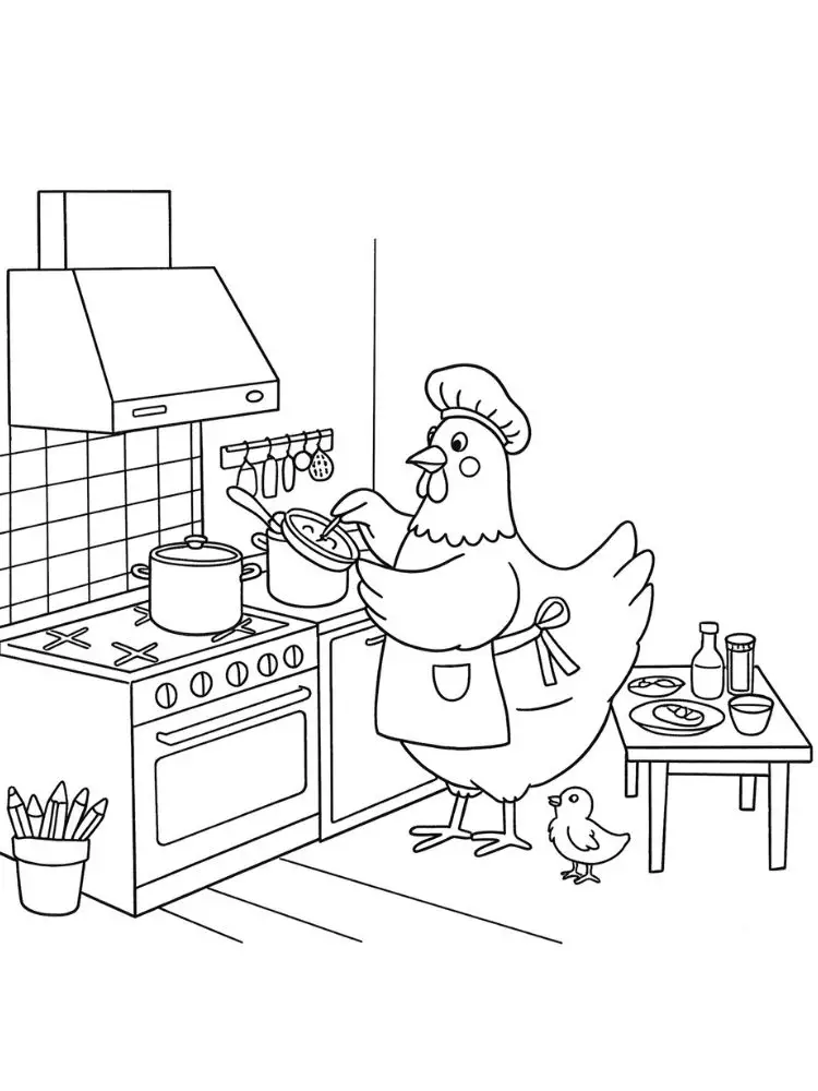 Kleurplaat Kippen 25 kip kookt in de keuken met kuiken kleurplaat