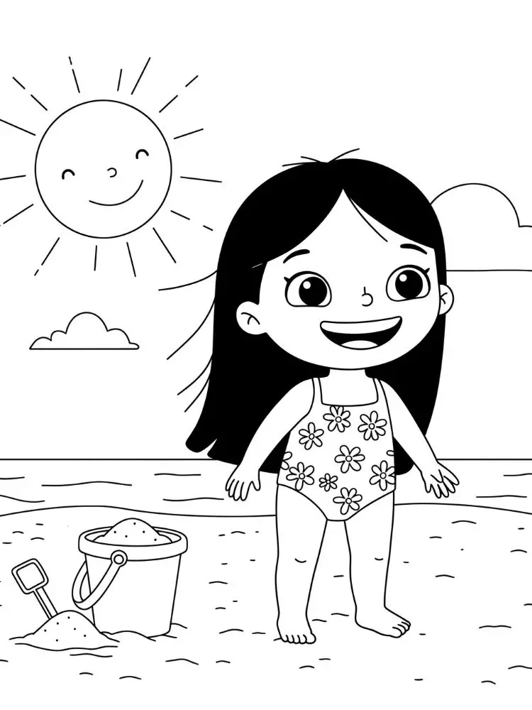 Badpak kleurplaat 13 lachend meisje in bloemen badpak op het strand kleurplaat