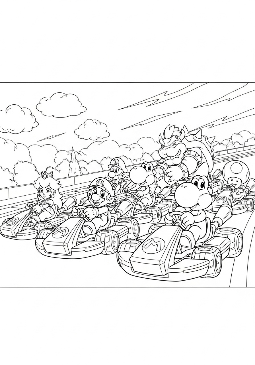 mario en vrienden racen vol gas kleurplaat