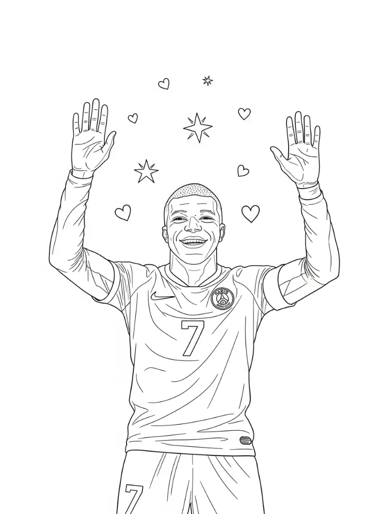 Mbappe kleurplaat 9 mbappe viert met sterren en harten kleurplaat