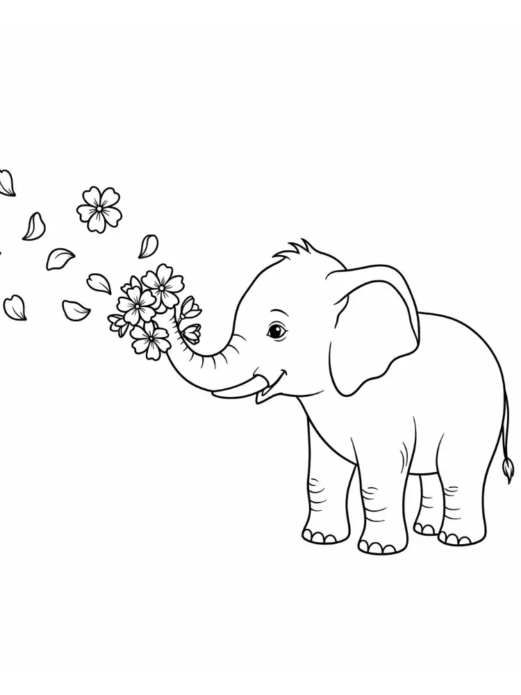 Olifant Kleurplaat 9 olifant blaast bloemen met slang kleurplaat