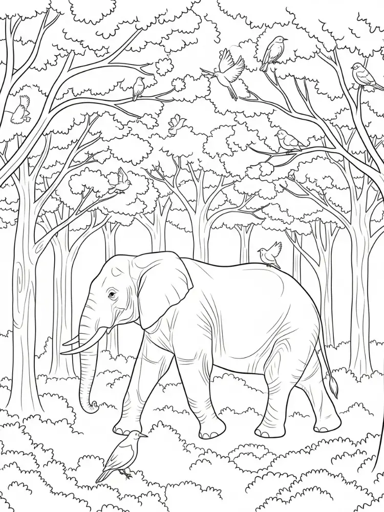 Olifant Kleurplaat 11 olifant in het bos met vogels kleurplaat