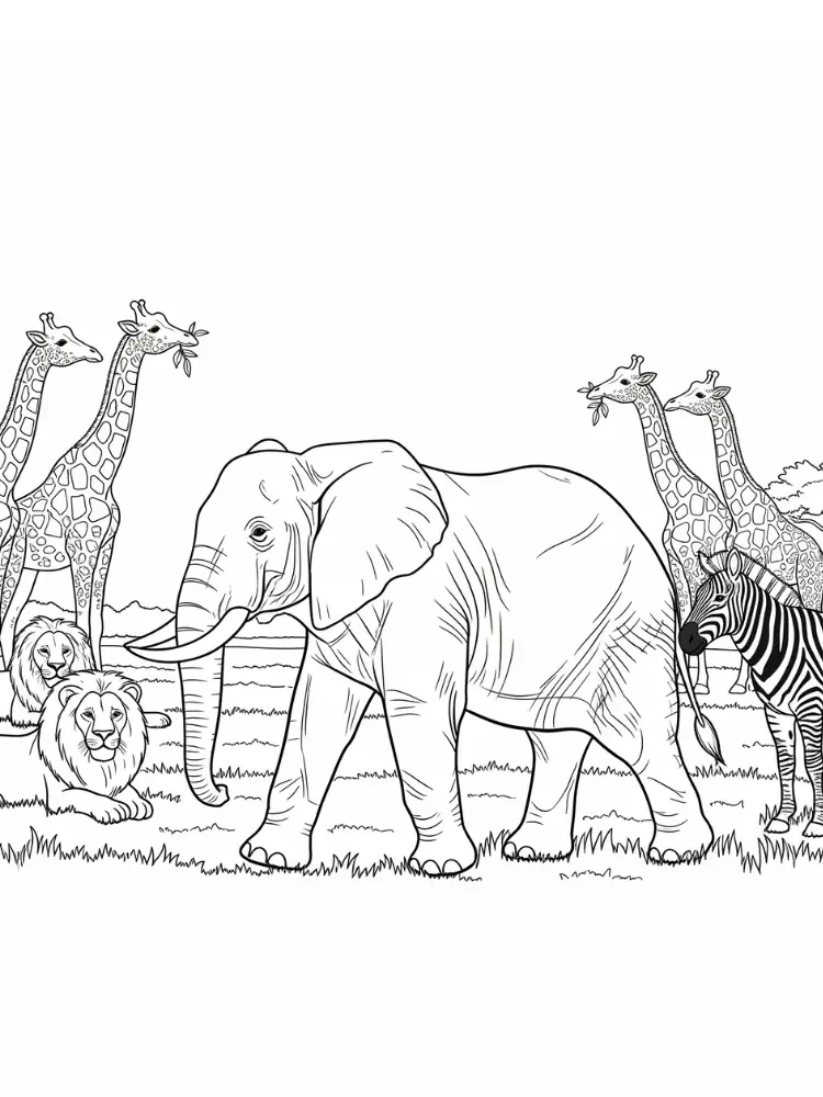 Olifant Kleurplaat 13 olifant met safaridieren kleurplaat
